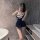 Mazino bikini set featuring a plunging crop top with mazino branding and a pleated skirt, perfect for cosplay, night out, and...