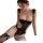 Woman wearing black lace bodysuit with underwire and open-crotch design, paired with thigh-high stockings.