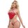 Woman modeling red mannyqing embroidered sheer mesh bralette set with lace babydoll design and bare-butt thong.