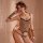 Woman wearing mannyqing leopard print lace bodysuit with matching hairband and arm warmers, sitting on ornate chair in soft l...