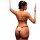 Woman wearing mannyqing leather lingerie set with bunny tail and headband, back view of sm bikini for sensual roleplay.
