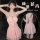 Woman modeling pink mannyqing lingerie dress with halter neck, mesh layers, and floral details. low-cut design for sexy sleep...