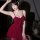 Woman wearing red mannyqing lingerie dress - pure temptation halter neck mesh slip dress, sexy low-cut sleepwear for women.