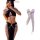 Woman wearing black cutout halter bodysuit with gold chains and fishnet stockings, styled as a catwoman-inspired lingerie set...