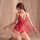 Sexy red lace bodysuit with sheer mesh design, open-crotch style, perfect nightwear for women.