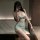 Woman wearing mannyqing plus size sheer deep v dress - seductive lace mesh nightgown & intimate lingerie set, posing in mirro...