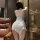 Woman wearing mannyqing plus size sheer deep v dress with lace mesh detailing, back view showing seductive lingerie set.