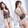 Woman wearing mannyqing sheer lace bodysuit with open-crotch design and delicate mesh detailing.