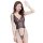 Woman wearing black lace mesh bodysuit with open crotch design, sheer fabric and floral pattern.
