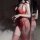 Woman in red lace bodysuit with fringe and sheer mesh, holding wine glass. mannyqing pure & tempting lingerie set.