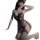 Woman modeling black lace bodysuit with sheer mesh and open-crotch design, featuring delicate floral patterns and elegant str...