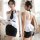 Mannyqing secretarial costume set featuring a strapless tie blouse with ruffles, paired with a backless striped mini skirt, p...