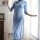 Elegant light blue mannyqing cheongsam with sexy side slit, sheer fabric design, perfect for evening wear.