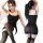 Woman wearing black sheer backless bodysuit dress with lace details and thigh-high stockings, front and back view.