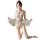 Woman modeling mannyqing sensual lace bodysuit with sheer mesh tights, featuring backless knit satin design and bow accents.