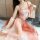 Elegant pink embroidered hanfu set featuring delicate floral designs, perfect for vintage-inspired sleepwear or provocative o...
