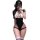 Woman modeling mannyqing sexy cut-out bodysuit, a black and white high-slit mesh athletic leotard for boudoir and fitness sty...