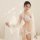 Woman modeling mannyqing sexy lace sleepwear set – sheer mesh nightgown with open-crotch, matching bra and panty, holding fea...