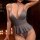 Woman wearing a gray mannyqing sexy lingerie sleepwear bodysuit with an open-crotch design, featuring a deep v-neck and ruffl...
