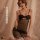 Woman wearing mannyqing sheer mesh bodycon lingerie set with cut-out back, seductive sleep dress in black and brown tones.