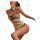 Woman wearing mannyqing vintage cheongsam lingerie set, sheer lace sleep dress with open-crotch design and black trim details...