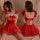 Sexy strapless red dress with shiny mesh fabric, festive design featuring bow and tie details, perfect for holiday celebratio...
