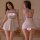 Woman modeling manyan lingerie sleep dress - sexy backless lace nightgown with striped mini skirt, front and back view.
