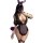 Woman in manyan low-cut maid cosplay costume with deep v open-crotch bodysuit, sheer lace lingerie, purple bunny ears and fea...