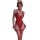 Woman wearing red lace bunny girl bodysuit with ears, sheer fabric, adjustable straps, and fishnet stockings.
