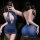 Woman in blue shimmer halter bodycon dress, front and back view. sexy backless nightclub outfit with deep v-neck and glitter ...