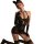 Woman modeling black lace manyan pure & tempting strapless steel-boned shapewear bodysuit with sheer corset, garters, and glo...