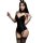 Woman modeling black velvet bunny lingerie set with open-crotch design, thigh-high stockings, and playful ears.
