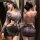 Woman modeling manyan sexy lace bodysuit, a sheer office uniform dress with backless design and side-slit waist accent.