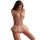 Woman wearing pink manyan sexy lace bodysuit set with underwire, corset waist trainer & sheer sleep dress, paired with fishne...