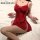 Sexy red lace low-cut slip dress with side slit, elegant design for women.