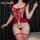 Sexy red lace bodysuit with open-crotch design, sheer fabric and ruffled details, perfect for nightwear.