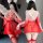 Sexy gradient sheer robe with red accents, featuring rabbit ears and fishnet stockings, perfect for festive occasions.