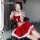 Sexy red velvet christmas-themed lingerie set featuring off-shoulder corset with buttons and matching skirt, perfect for fest...
