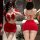 Sexy red lace bow skirt outfit with festive reindeer antlers, perfect for new years and holiday events.