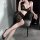 Elegant black lace lingerie set featuring sheer cheongsam sleep dress with side slit, perfect for sexy nightwear.