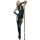 Woman in black matte patent leather bodysuit with gloves, posing by a pole.