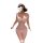 Woman wearing pink sheer lace lingerie set with matching stockings, featuring off-shoulder design and floral details.