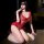 Woman in red lace meimei pure-yet-sensual lingerie set, kneeling on fur rug with blindfold, open-crotch bunny costume for cos...