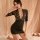 Woman modeling black lace bodycon dress with sheer sleeves and deep v-neck, part of meiyoujia sexy secretary costume collecti...