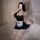 Sexy maid costume featuring a black lace babydoll dress with detachable apron, headband, and stockings.