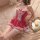 Woman in red meizhilan maid lingerie set with lace trim, corset front, and bow details, posed on bed beside candlelit mirror.