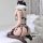Woman wearing meizhilan catwoman lingerie set with sheer mesh, cut-out bra and thong, posing on bed.