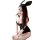 Woman wearing midnight temptation bunny girl bodysuit with deep v neckline, black ears, and bow tie collar.