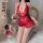 Sexy red lace bodysuit with sheer cutouts, perfect for womens sleepwear sets featuring an open-crotch design and uniform styl...