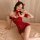 Sexy red sparkle bunny girl outfit for christmas & new year, featuring a sequined mini dress with bow tie and devil horns, pe...
